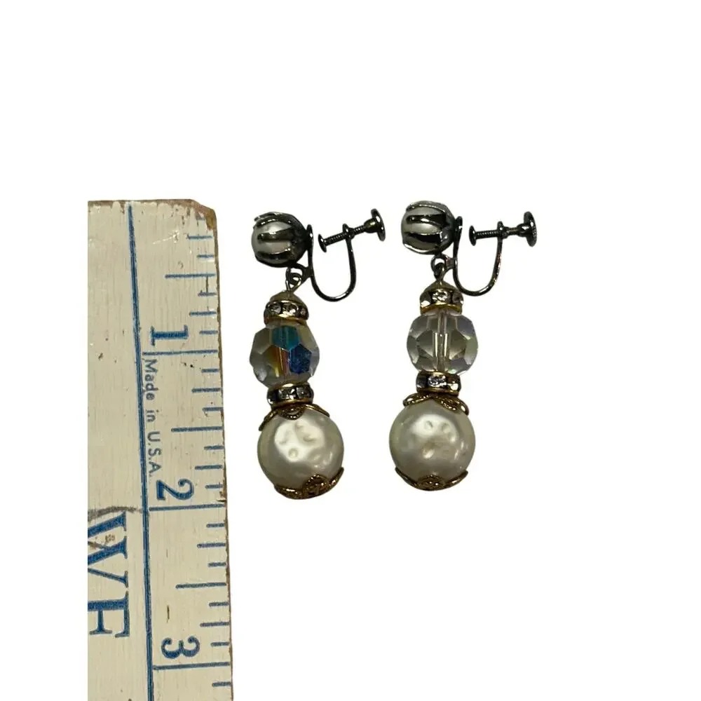 VTG Faux Pearl Crystal Gold Tone Drop Earrings Hollywood glam Statement jewelry